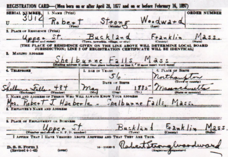 Robert Strong Woodward's Registration Card for World War II 